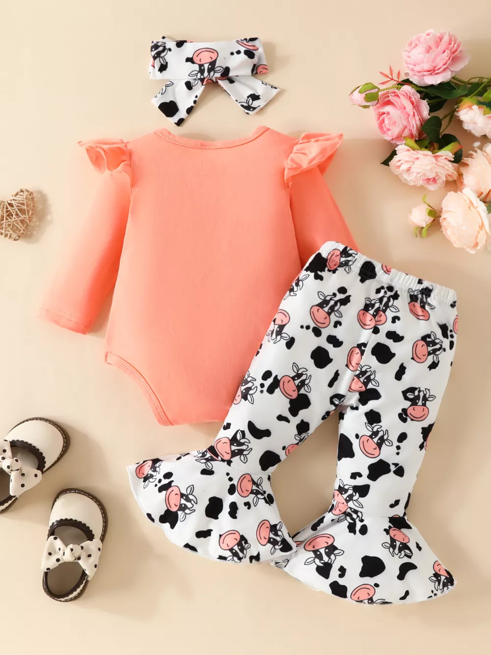 Children's Cow Graphic Ruffle Trim Bodysuit and Pants Set, image 2