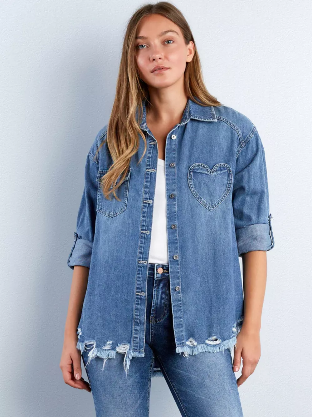 Frayed Hem Roll-Up Sleeve Denim Shirt, image 2