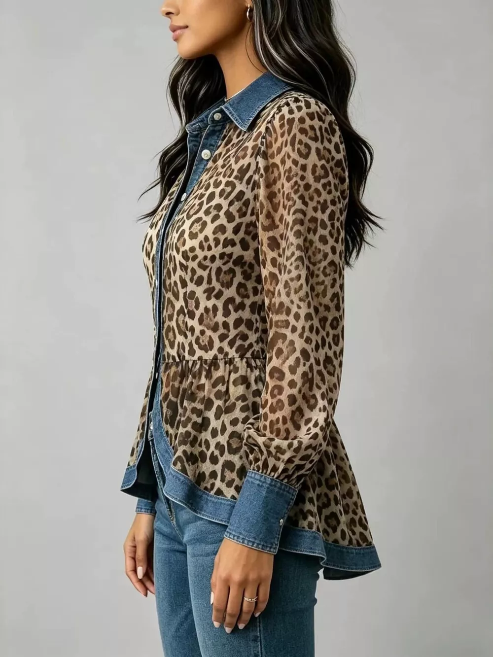 Denim Contrast Trim Leopard Shirt, image 3