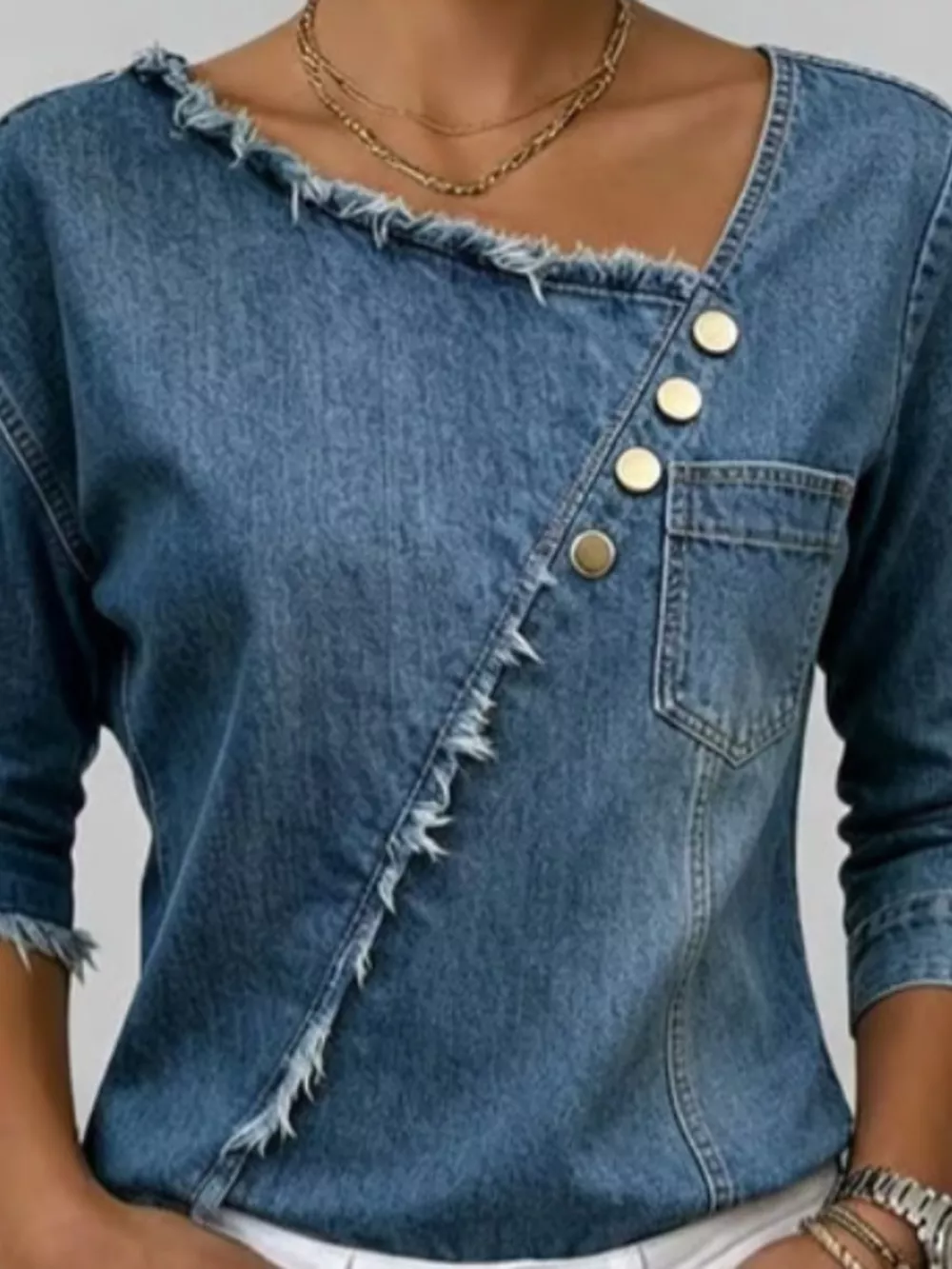 Asymmetric Raw-Edge Button-Detail Denim Top, image 3