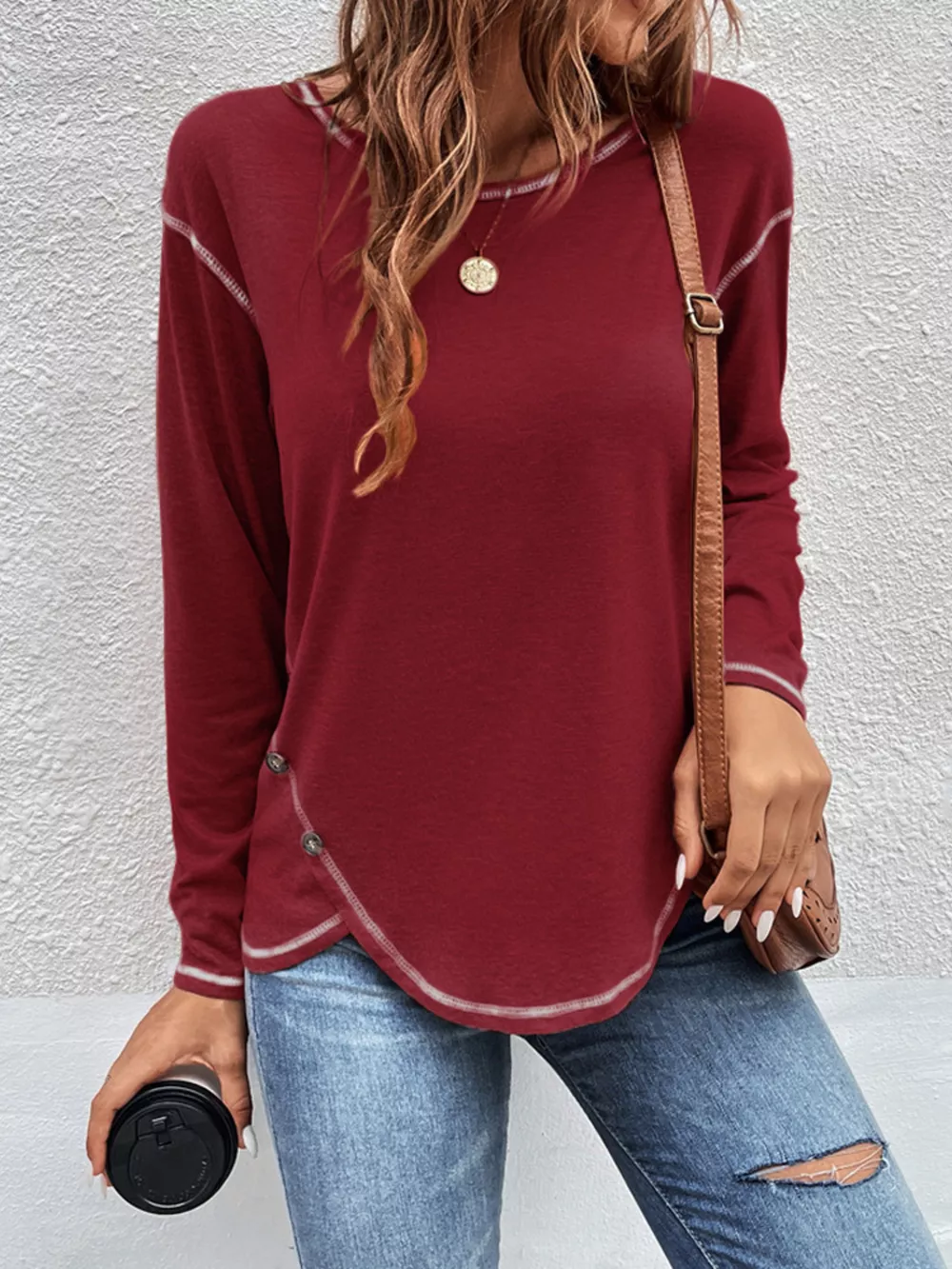 Casual Long Sleeve Exposed Seam T-Shirt with Decor Button, image 19