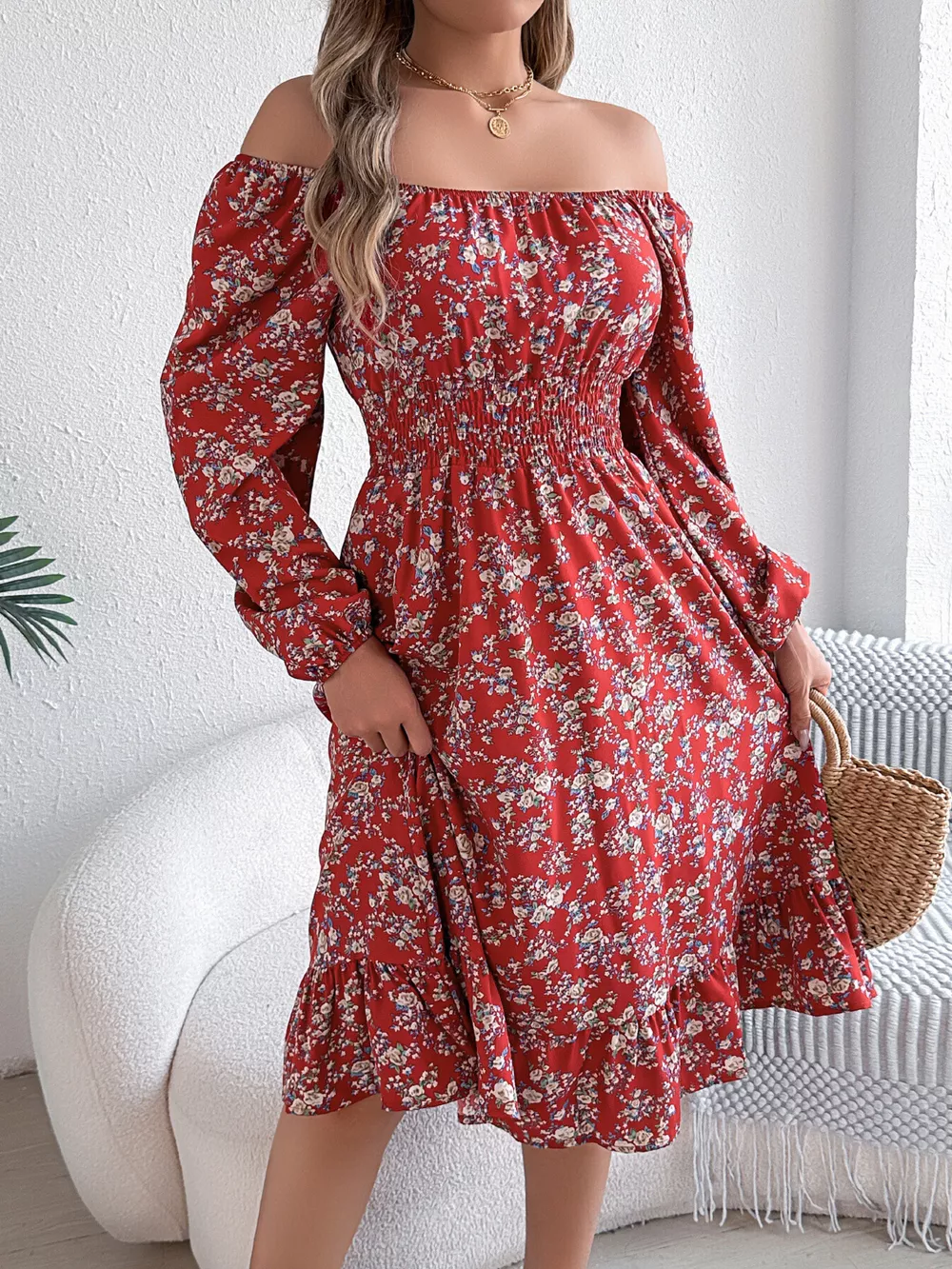 Floral Print Long Sleeve Square Neck Midi Dress, image 3