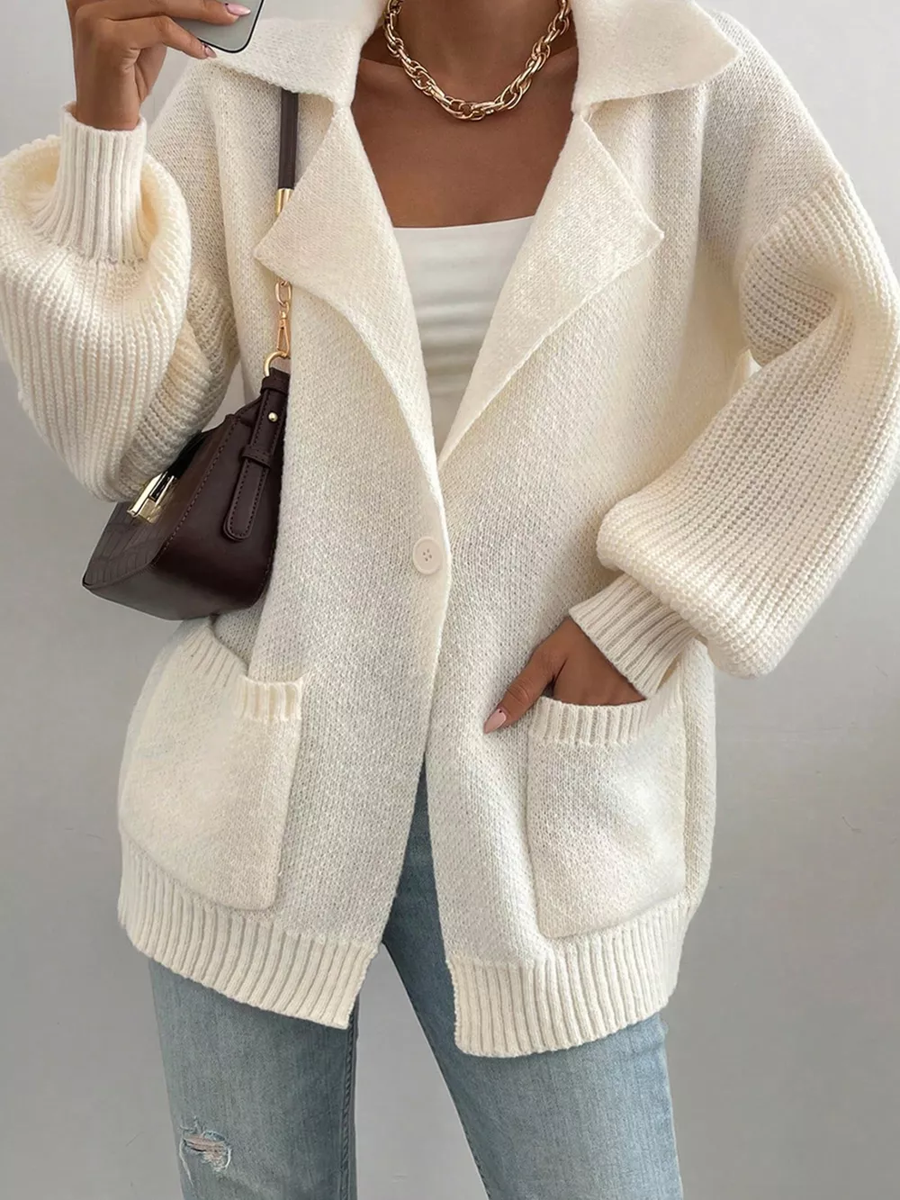 Solid Color Knit Lapel Collar Single Button Sweater Cardigan, image 10