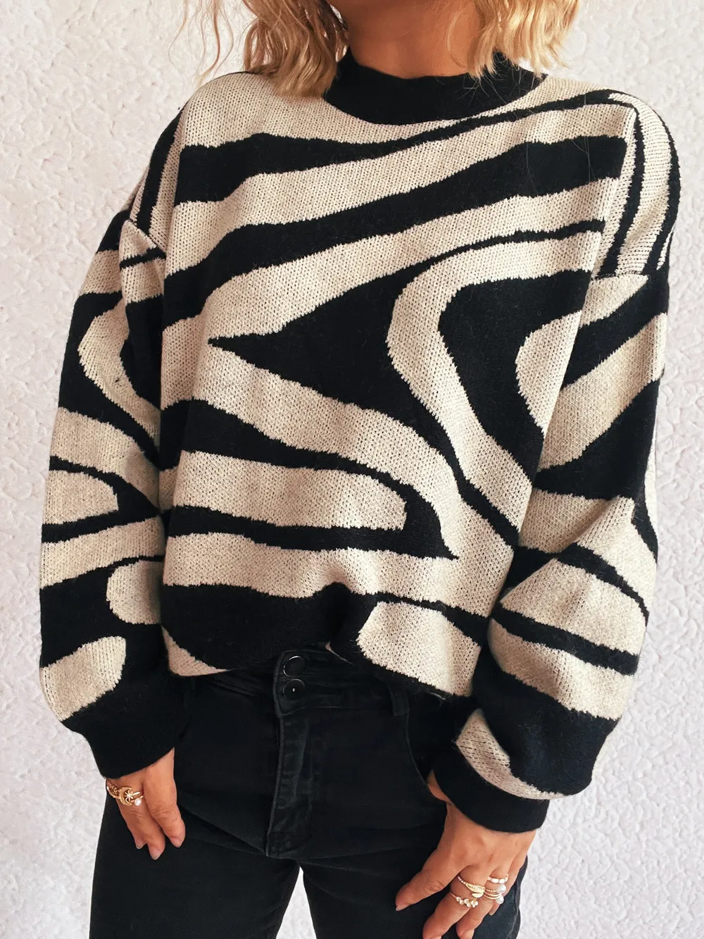 Zebra Print Round Neck Sweater, image 4
