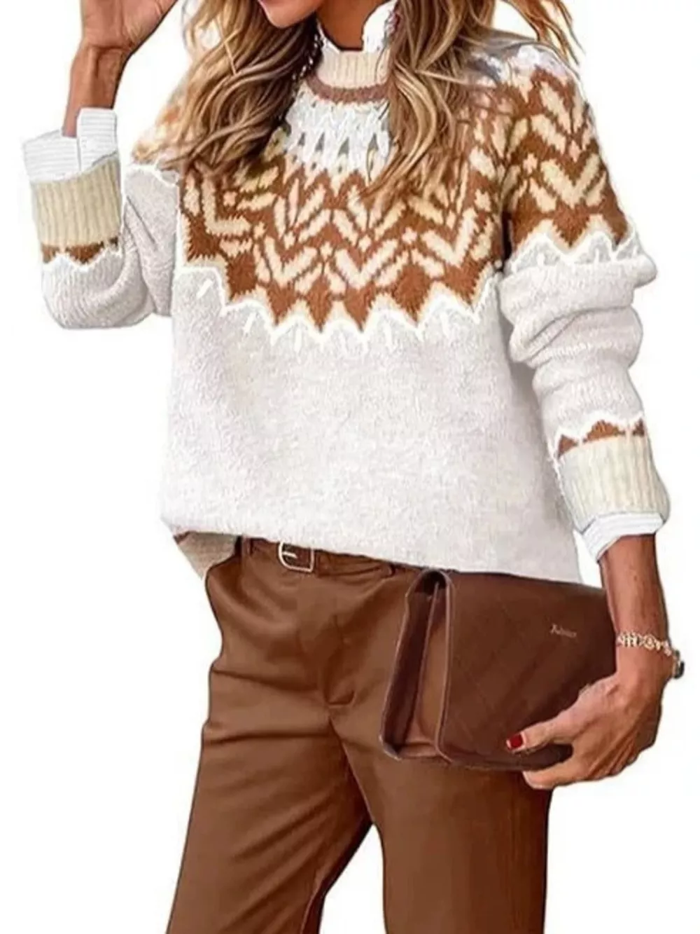 Full Size Fair Isle Patterned Long Sleeve Sweater Plus Size, image 4