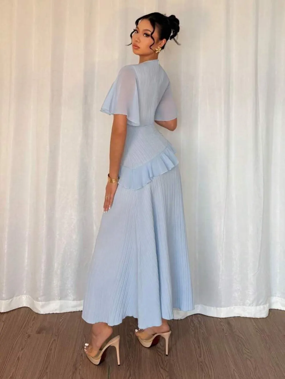 Ruffled Round Neck Flutter Sleeve Dress, image 5