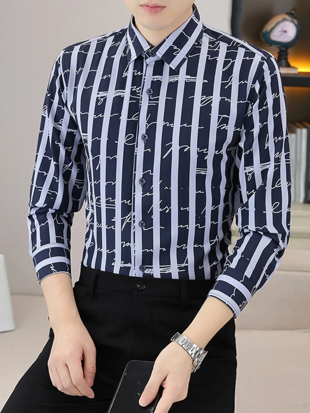 Men's Plus Size Striped Button Up Long Sleeve Shirt, image 2