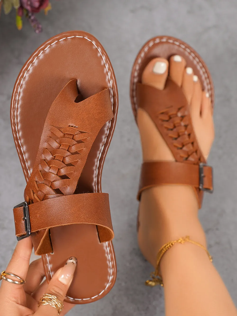 Braided Leather Flat Sandals, image 2