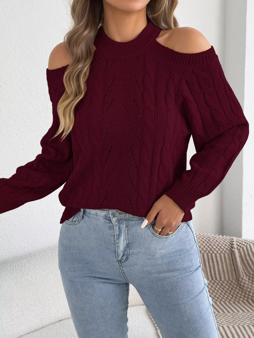 Cold Shoulder Cable Knit Sweater, image 20