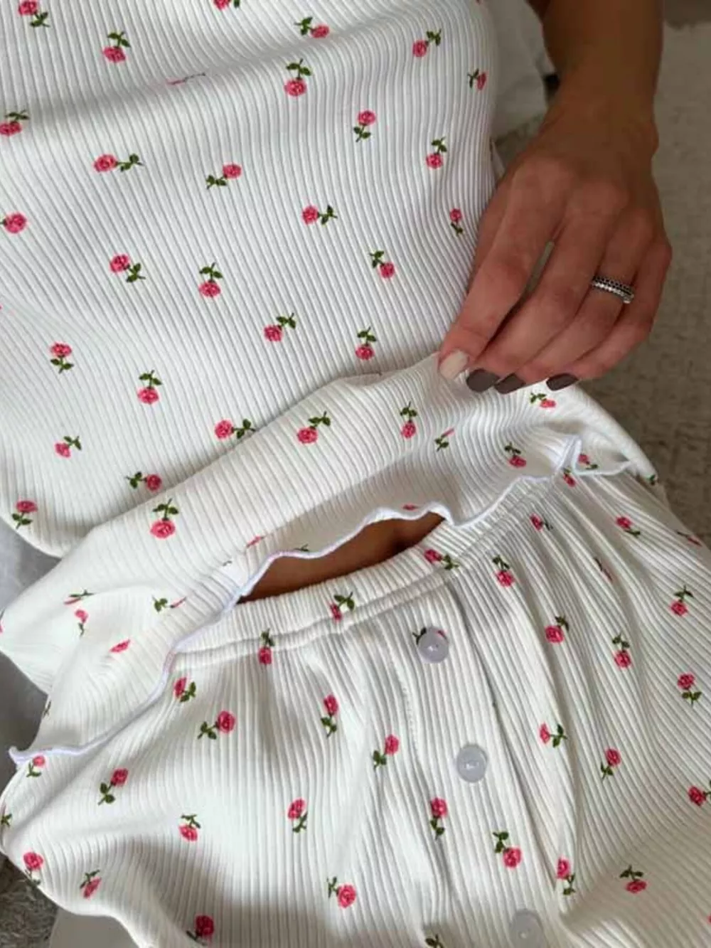 Floral Print Ribbed Knit Cami and Shorts Lounge Set, image 2