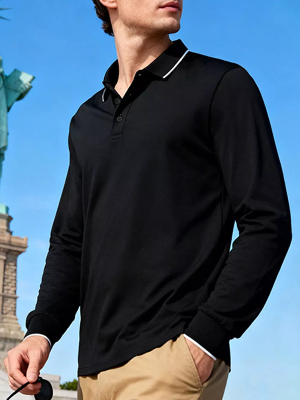Men's Full Size Classic Long-Sleeve Polo Shirt with Contrast Trim Plus Size, image 6