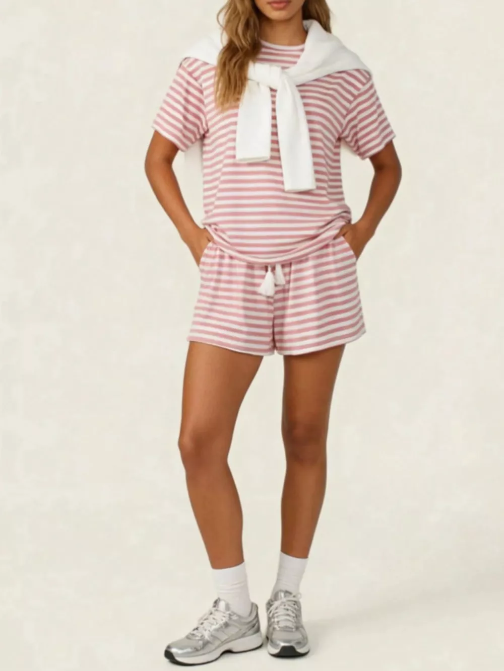 Striped Short Sleeve Tee and Drawstring Shorts Set, image 15