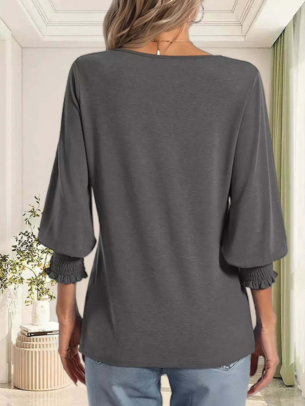 Full Size Notched 3/4 Sleeve Top Plus Size, image 13