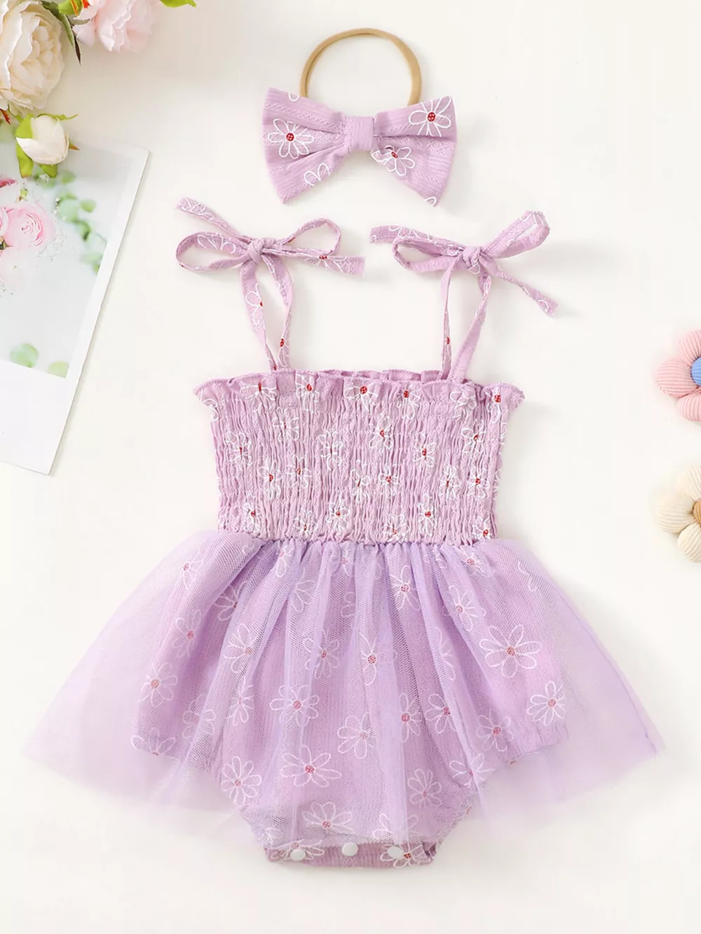 Children's Smocked Bodice Tulle Dress with Headband, image 2