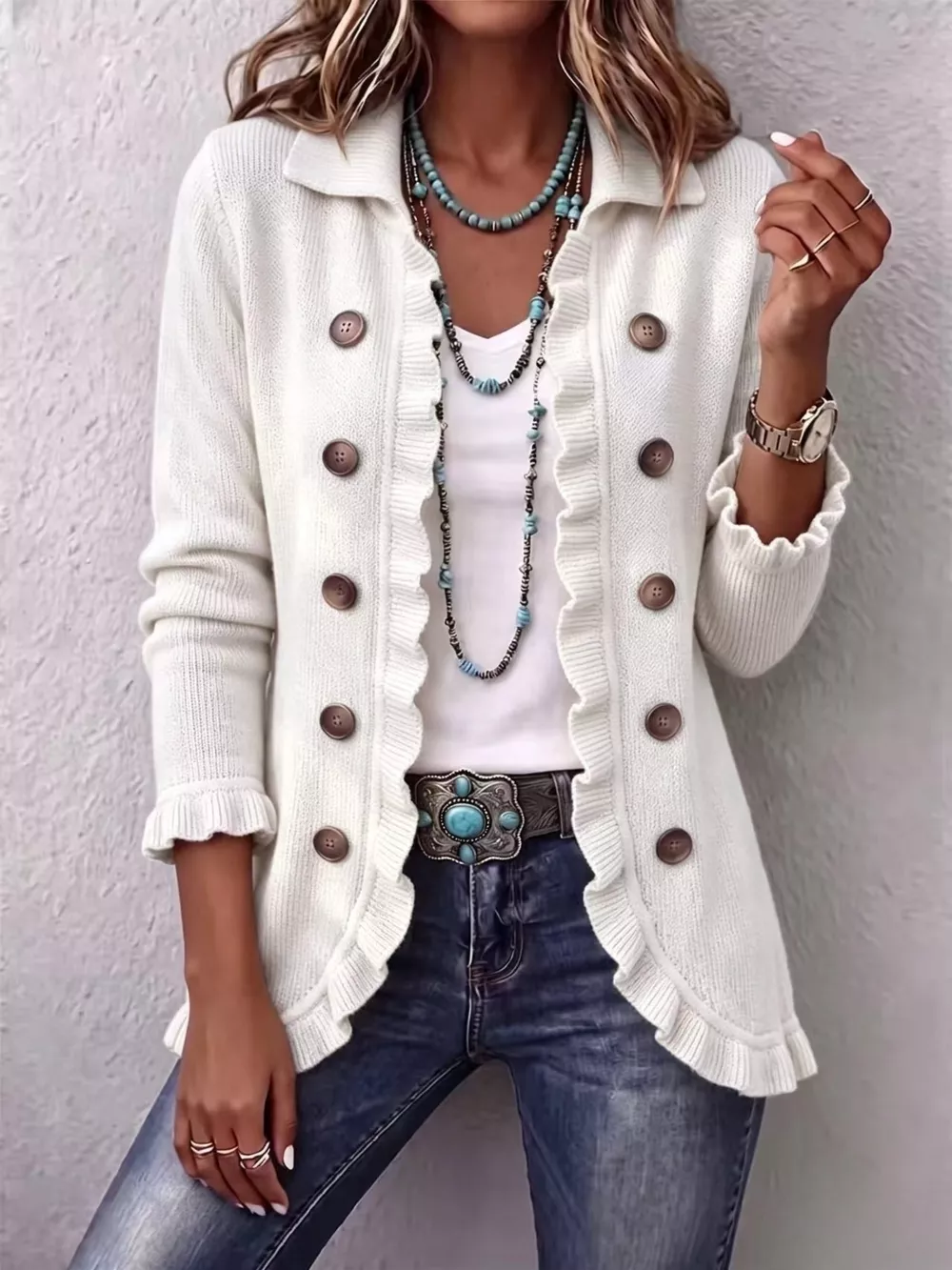 Full Size Ruffled Trim Decorative Button Cardigan Plus Size, image 13