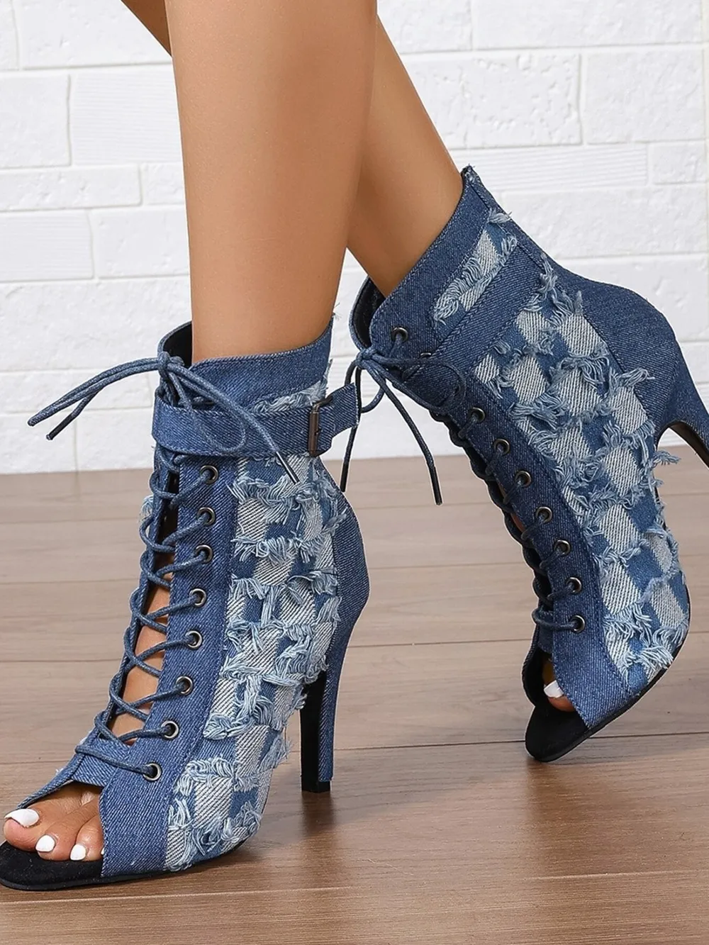 Distressed Denim Lace-Up Peep Toe Ankle Boots, image 2