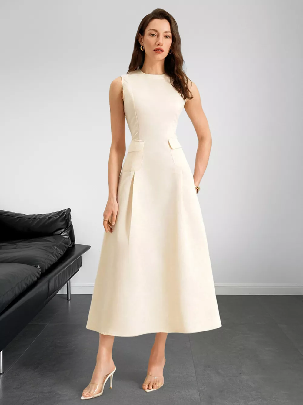 Sleeveless A-Line Midi Dress with Pockets, image 2