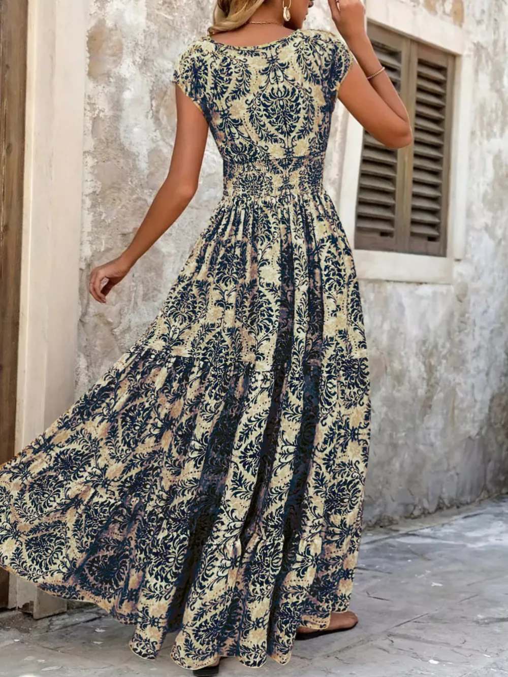 Full Size Printed V-Neck Tiered Maxi Dress Plus Size, image 9
