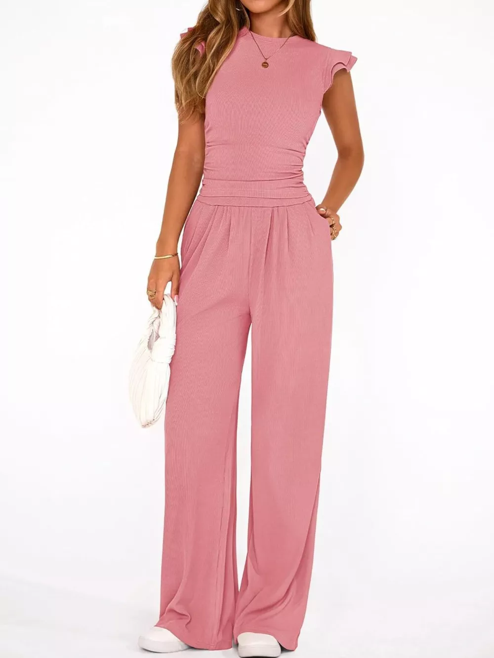 Ruffled Mock Neck Top and Wide Leg Pants Set, image 22