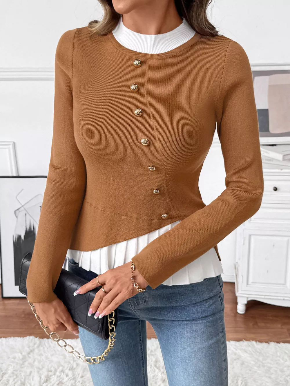 Decor Button Contrast Hem Knit Top, image 3