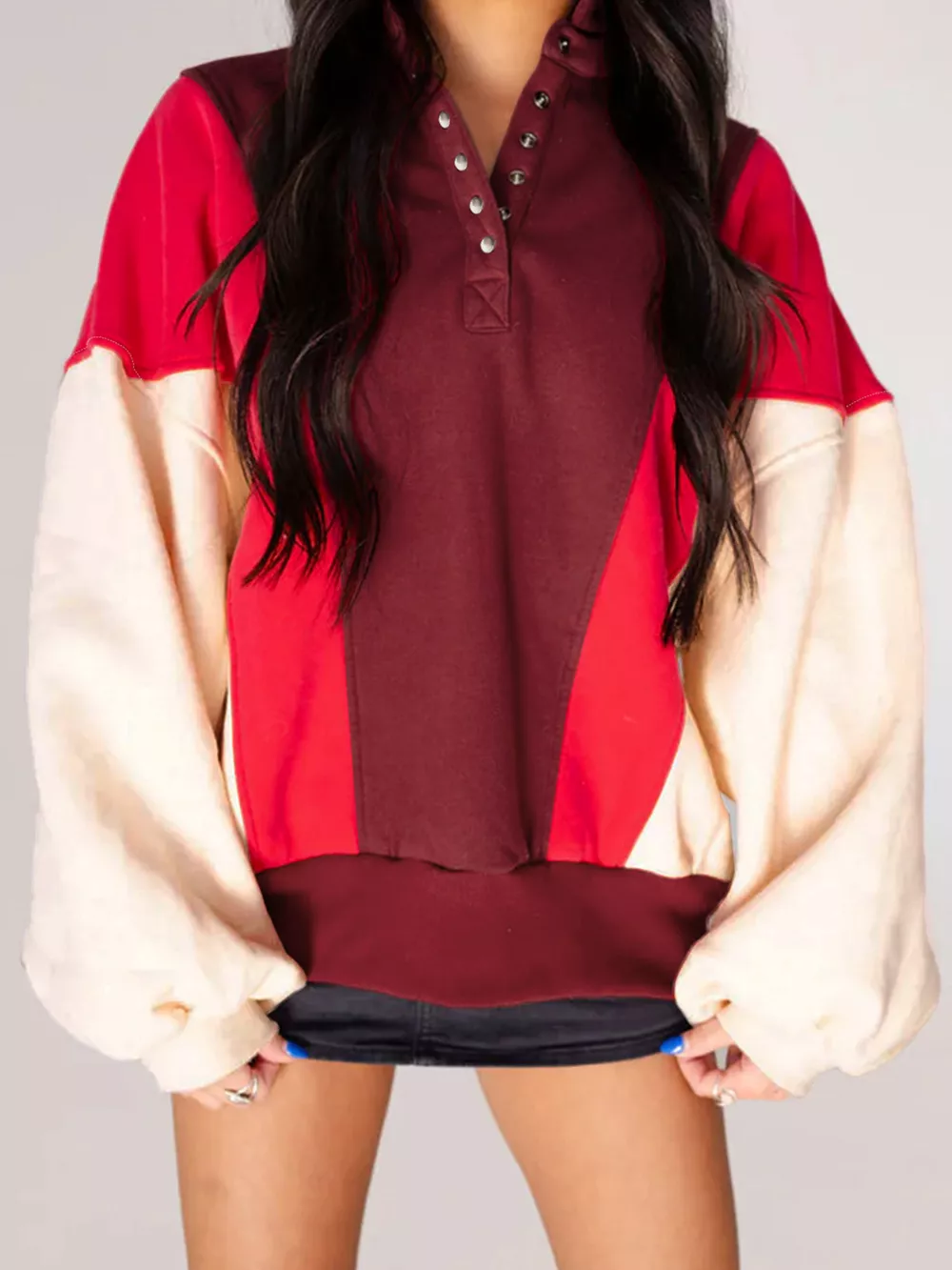 Color Block Patchwork Snap Button Oversize Hoodie, image 4