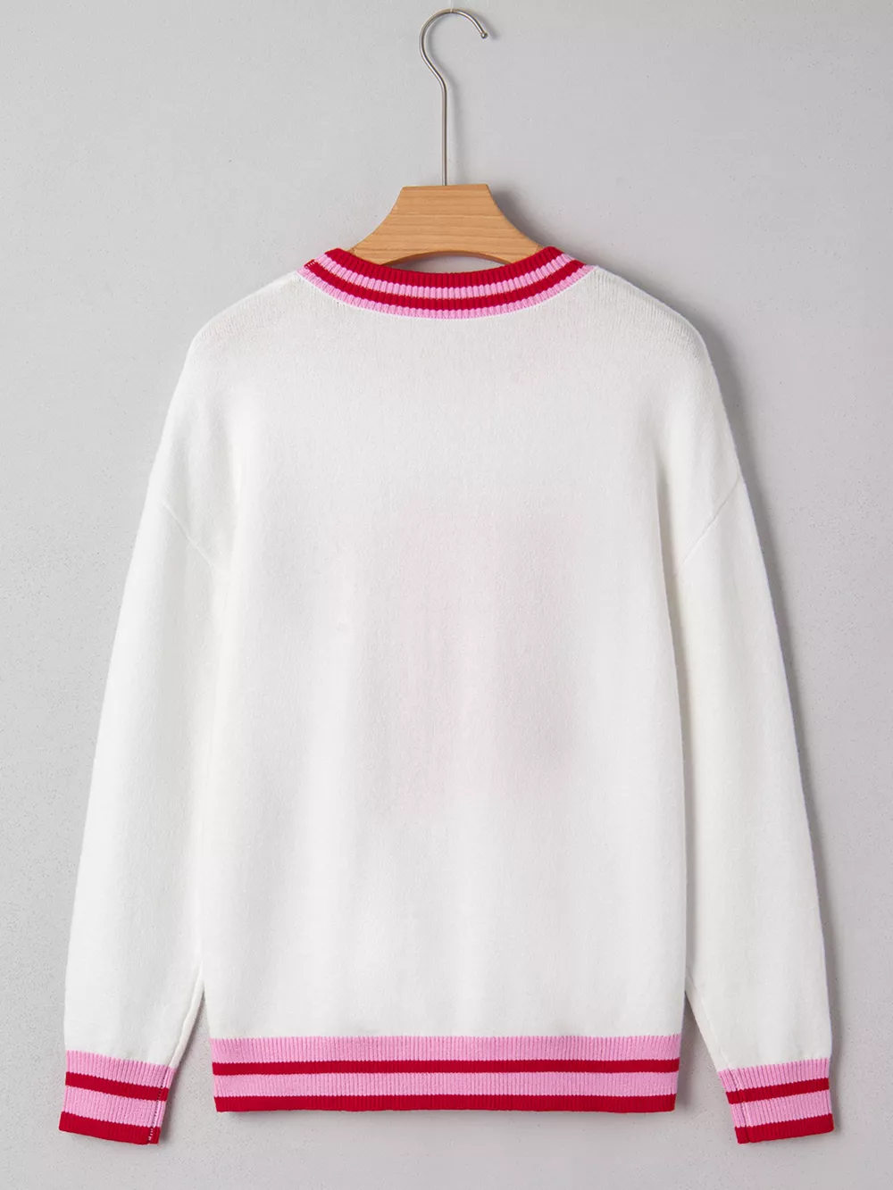 Striped Trim Bow Graphic Round Neck Drop Shoulder Sweater, image 4