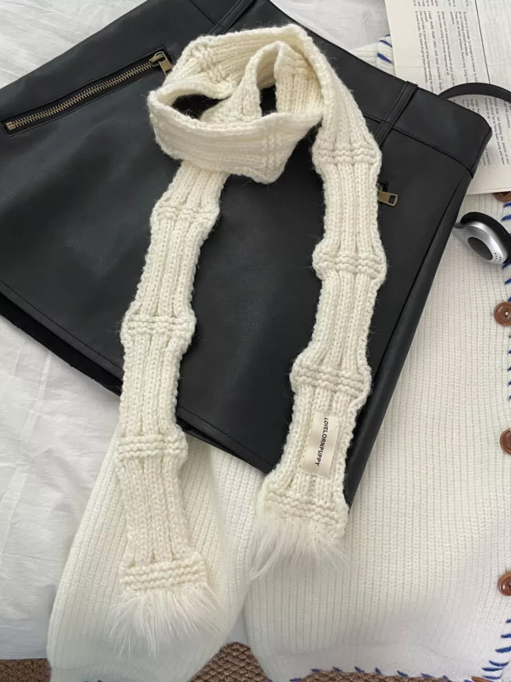 Knitted Plush Trim Scarf, image 15