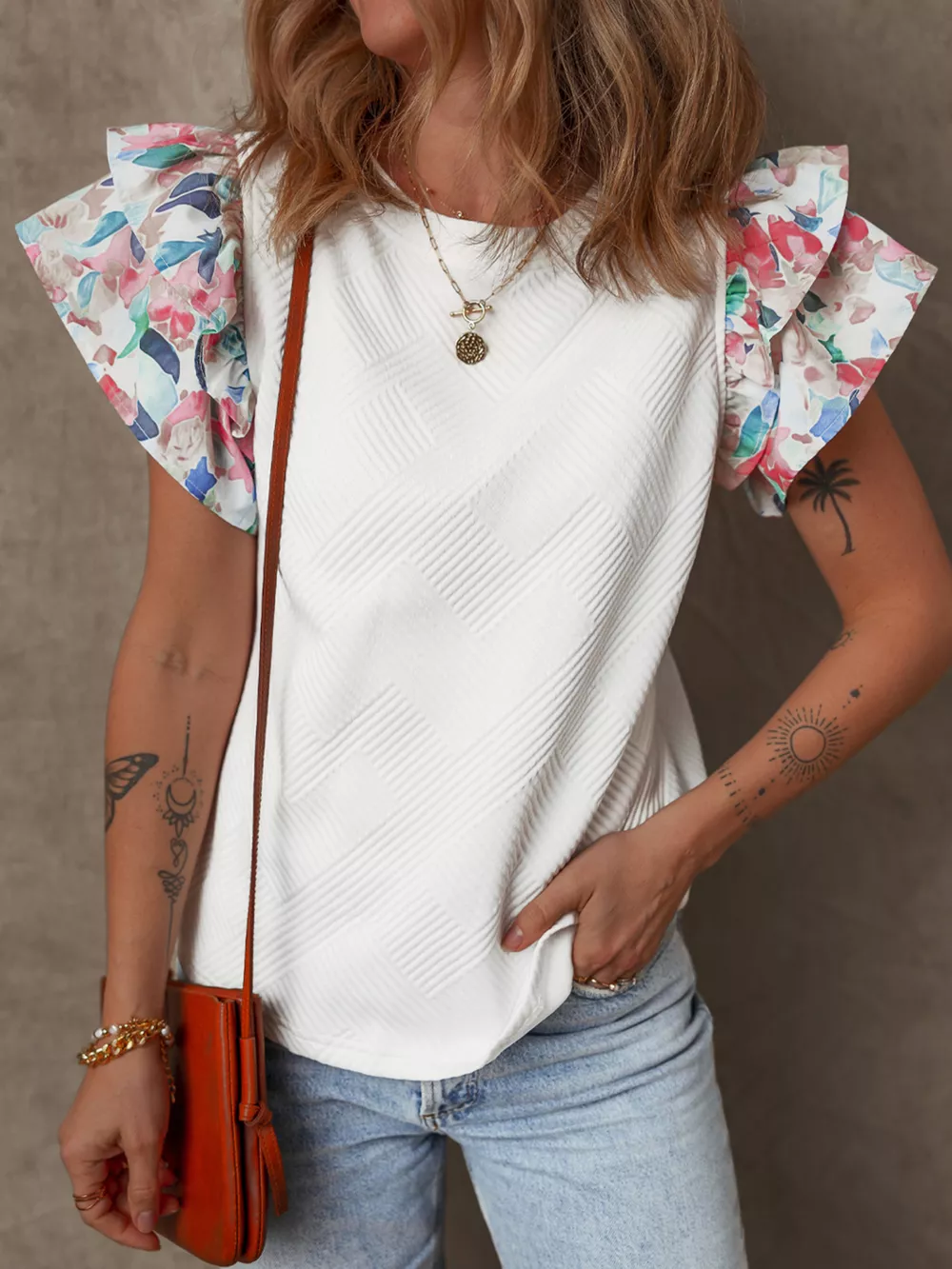 Abstract Print Tiered Ruffled Sleeve Textured Knit Top, image 2