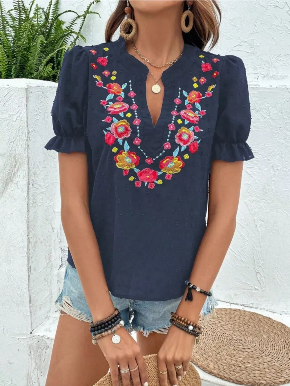 Floral Embroidered Puff Sleeve Blouse, image 4