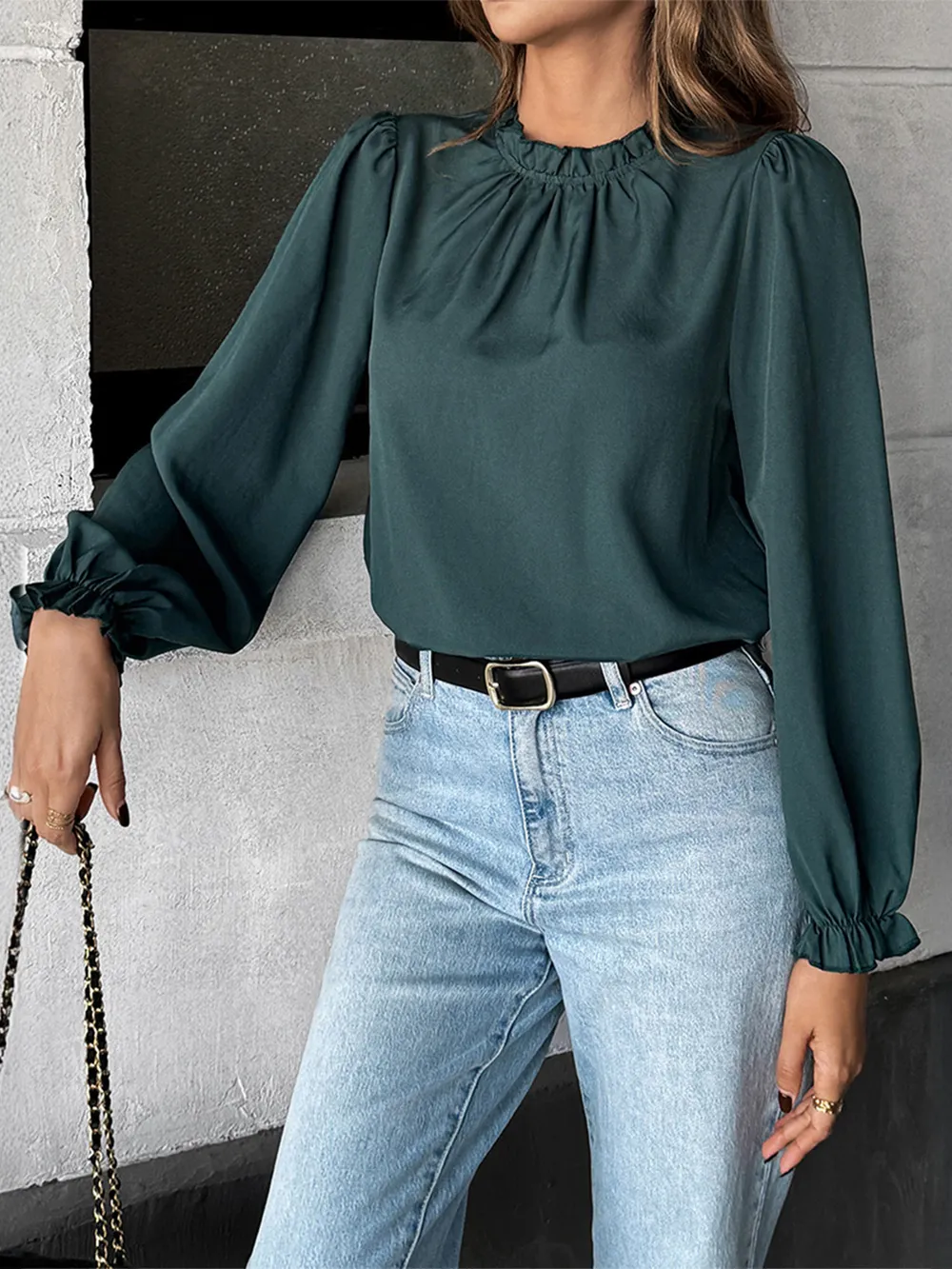 Ruched Round Neck Long Sleeve Blouse, image 3