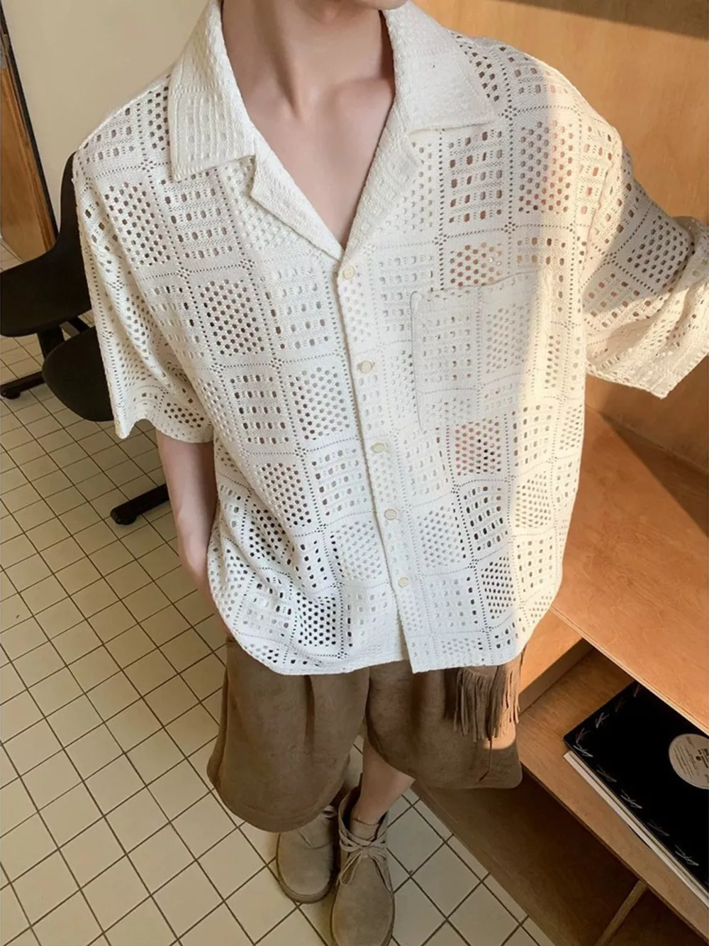Men's Plus Size Crocheted Square Pattern Short Sleeve Shirt, image 2