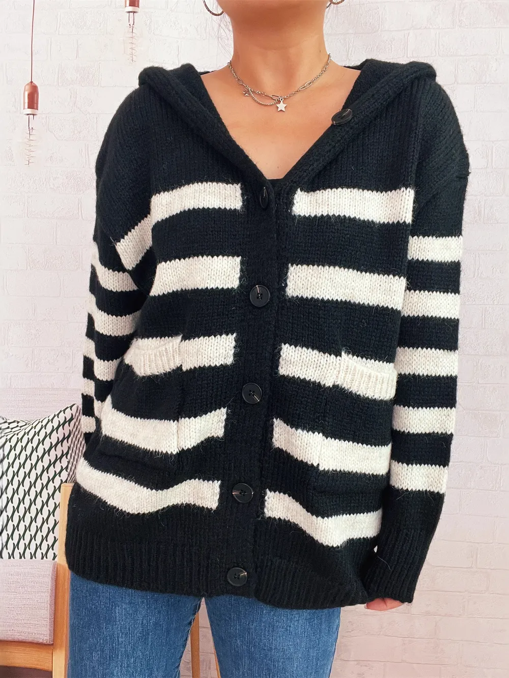 Striped Button-Up Hooded Cardigan, image 11