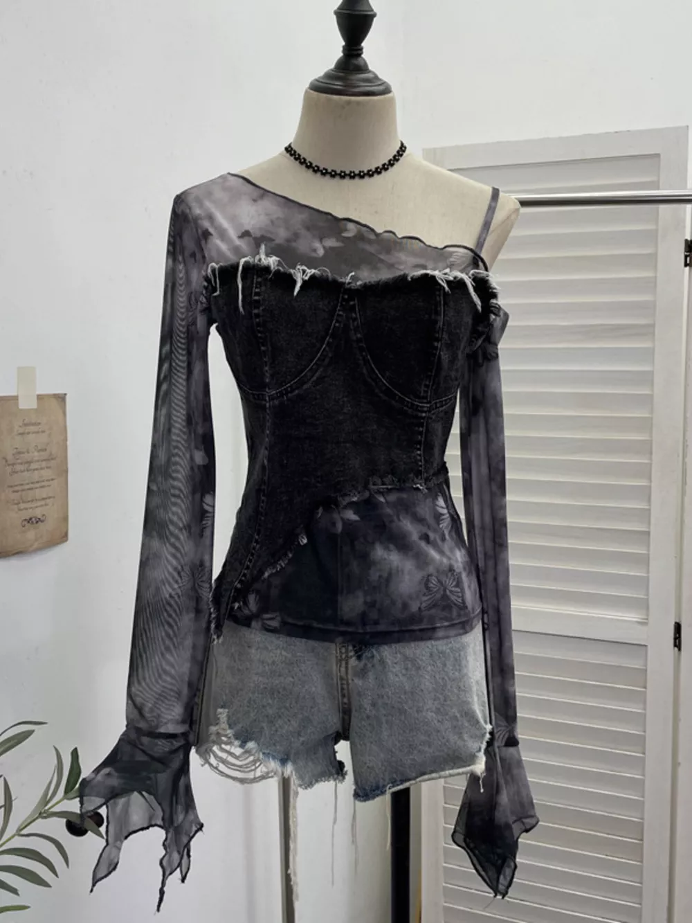 Asymmetrical Neck Denim Patchwork Top, image 10