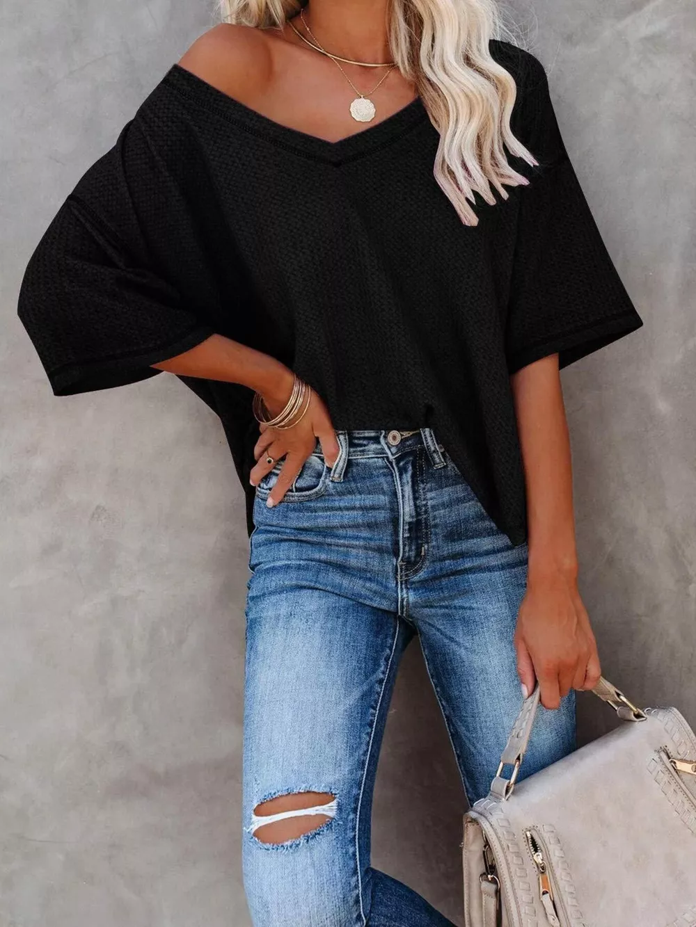 Waffle Knit V-Neck Short Sleeve T-Shirt, image 4