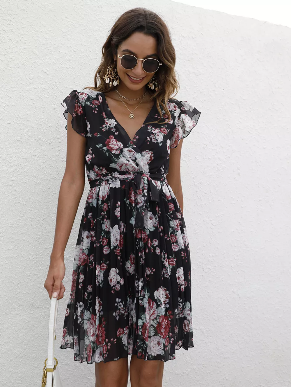 Pleated Floral Print Ruffle Sleeve Dress, image 7