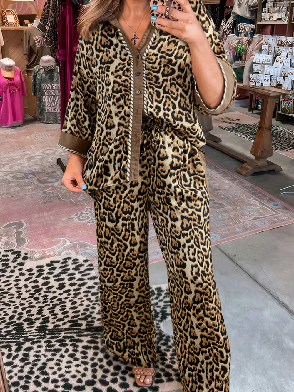 Leopard Collared 3/4 Sleeve Shirt and Loose Pants Two Piece Outfit Set