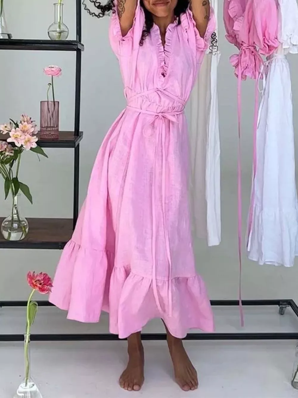Full Size Puff Sleeve Ruffle Trim Maxi Dress Plus Size, image 8