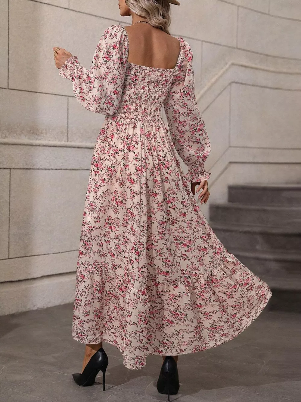 Floral Print Square Neck Smocked Midi Dress, image 4
