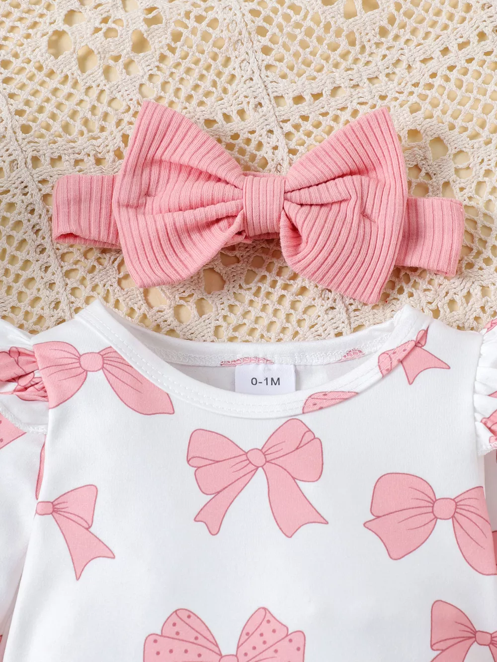Children's Bow Print Bodysuit and Pants Set with Headband, image 2