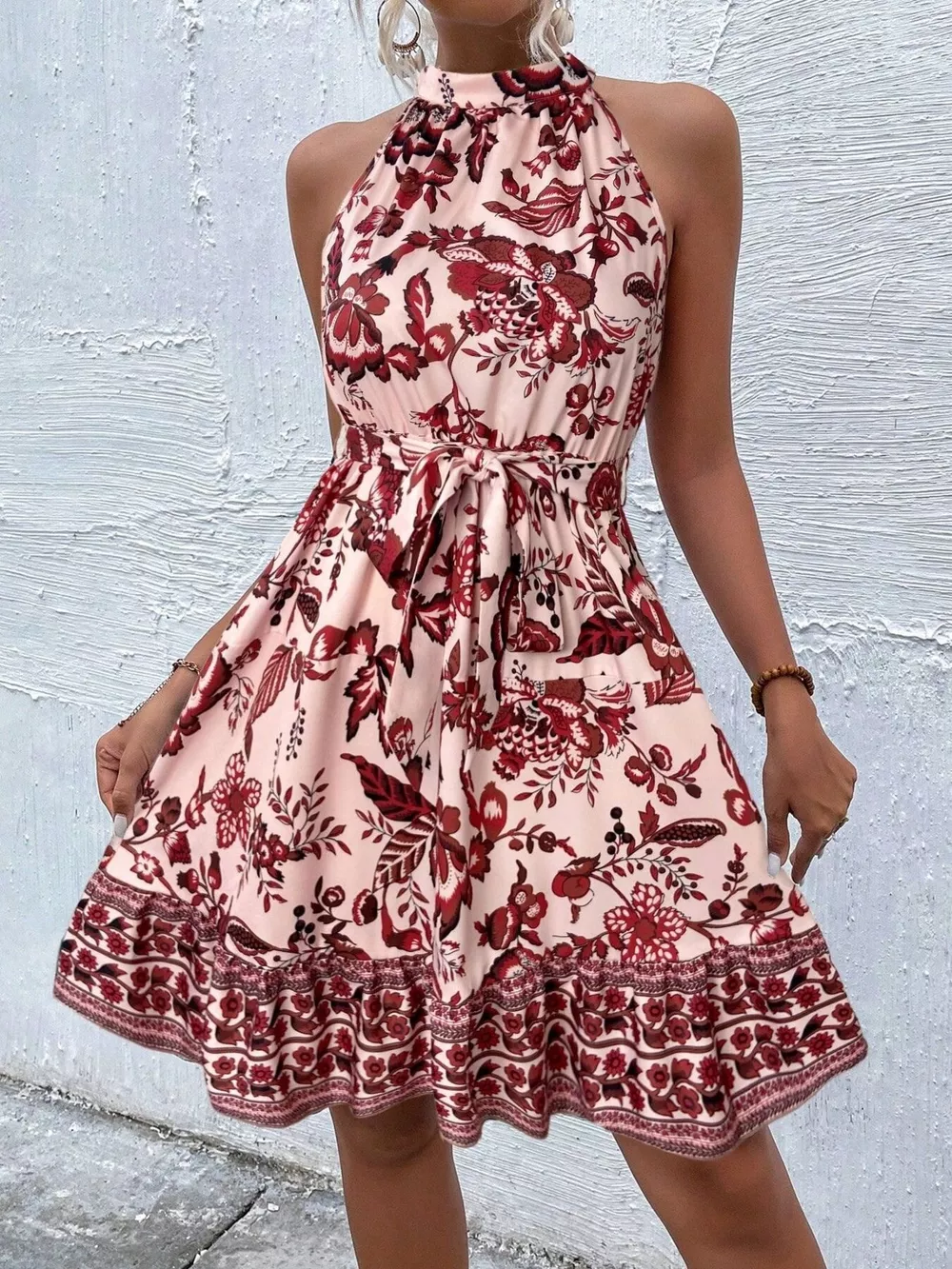 Printed Sleeveless Tie Waist Dress, image 5