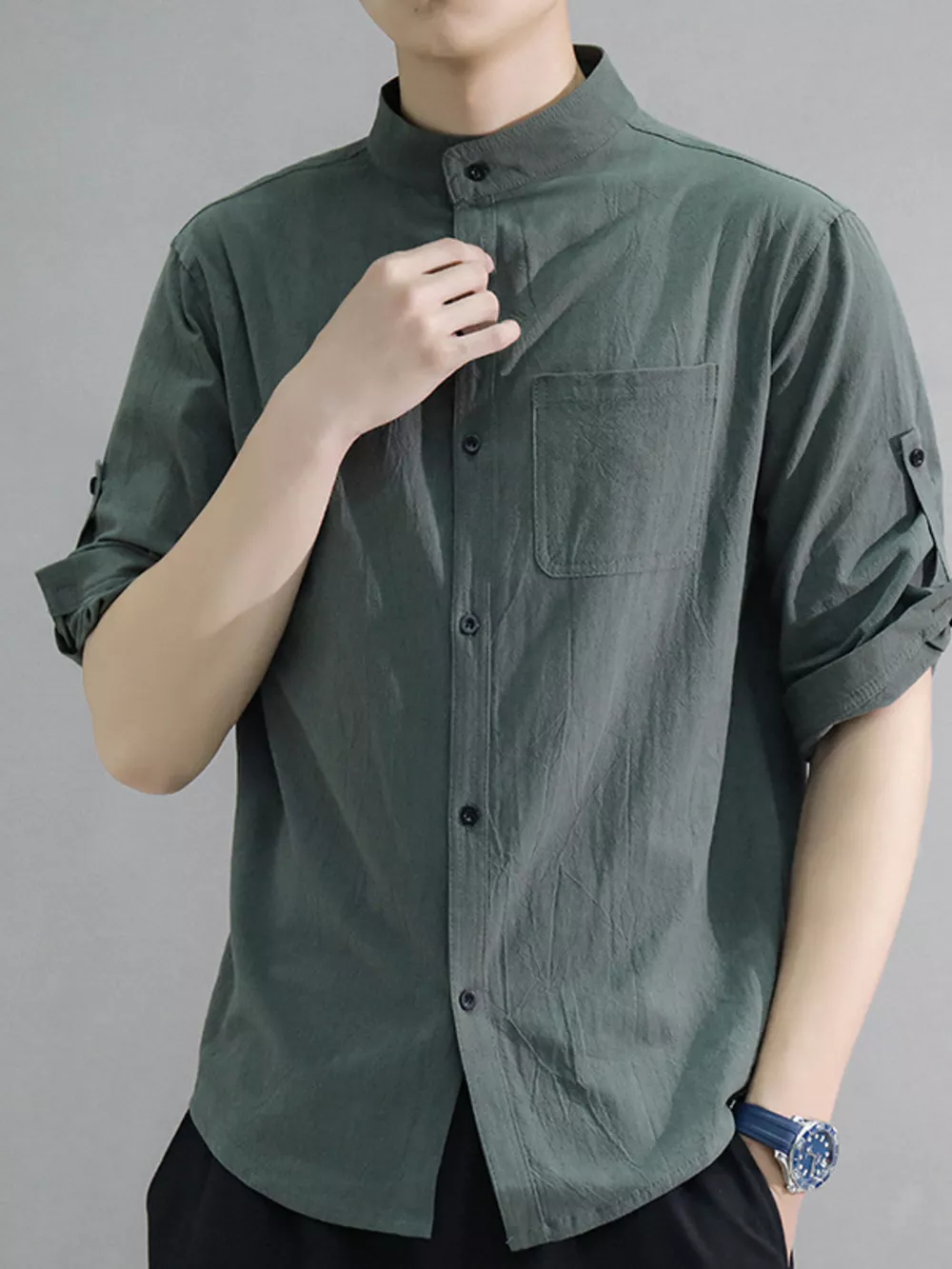 Men's Plus Size Button Up Roll-Up Sleeve Shirt, image 2