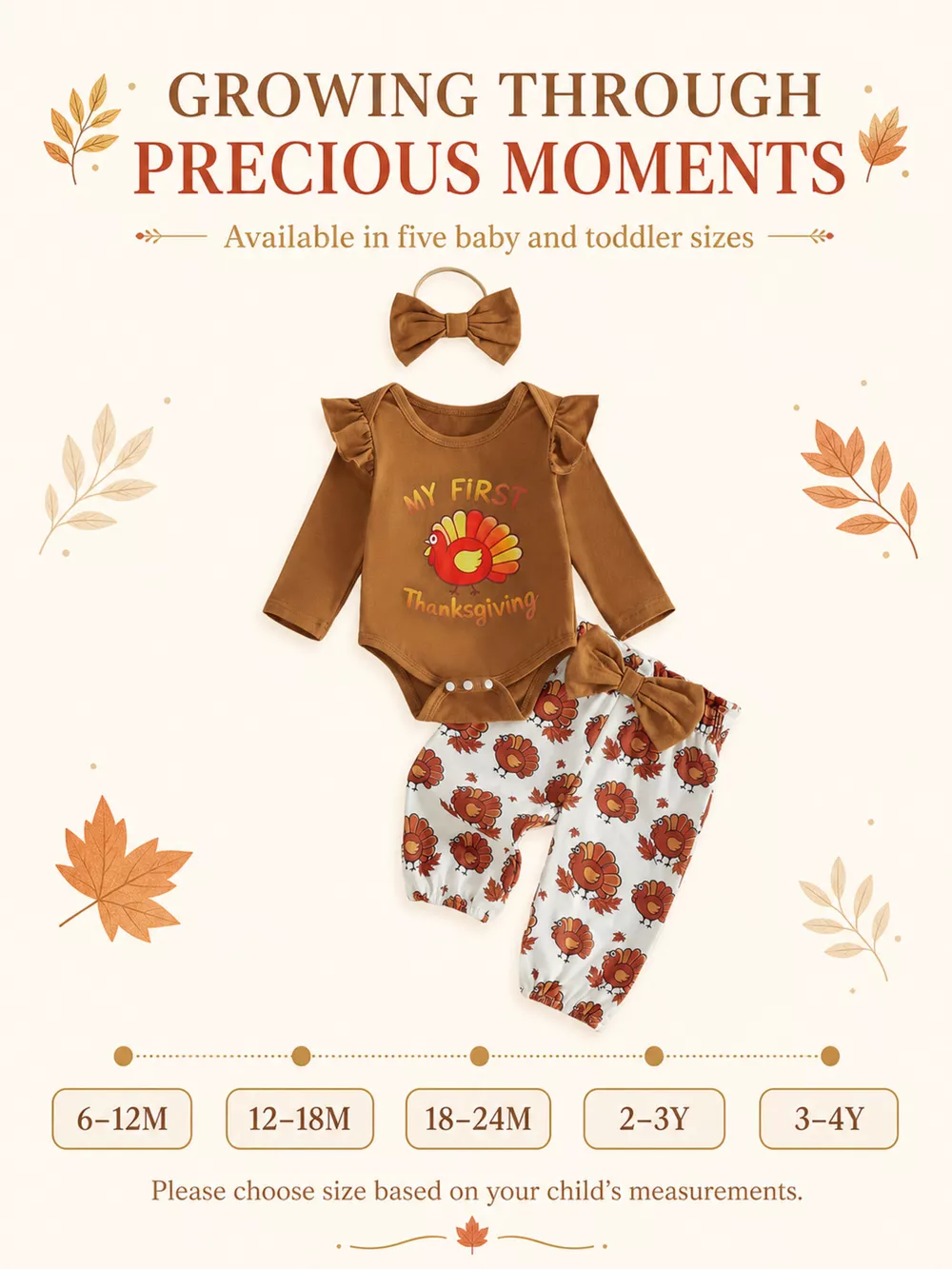Children's 'My First Thanksgiving' Ruffle Bodysuit and Turkey Print Pants Set with Headband, image 3
