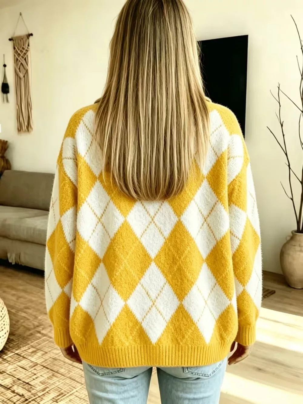 Argyle Pattern Polo Collar Sweater, image 10