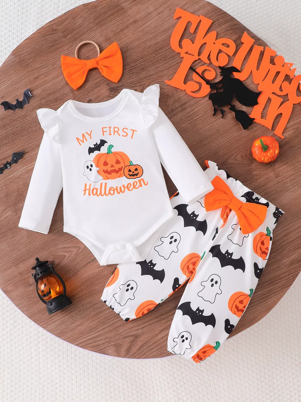 Children's Halloween Skull Print Long Sleeve Bodysuit and Pants Set with Bow Headband