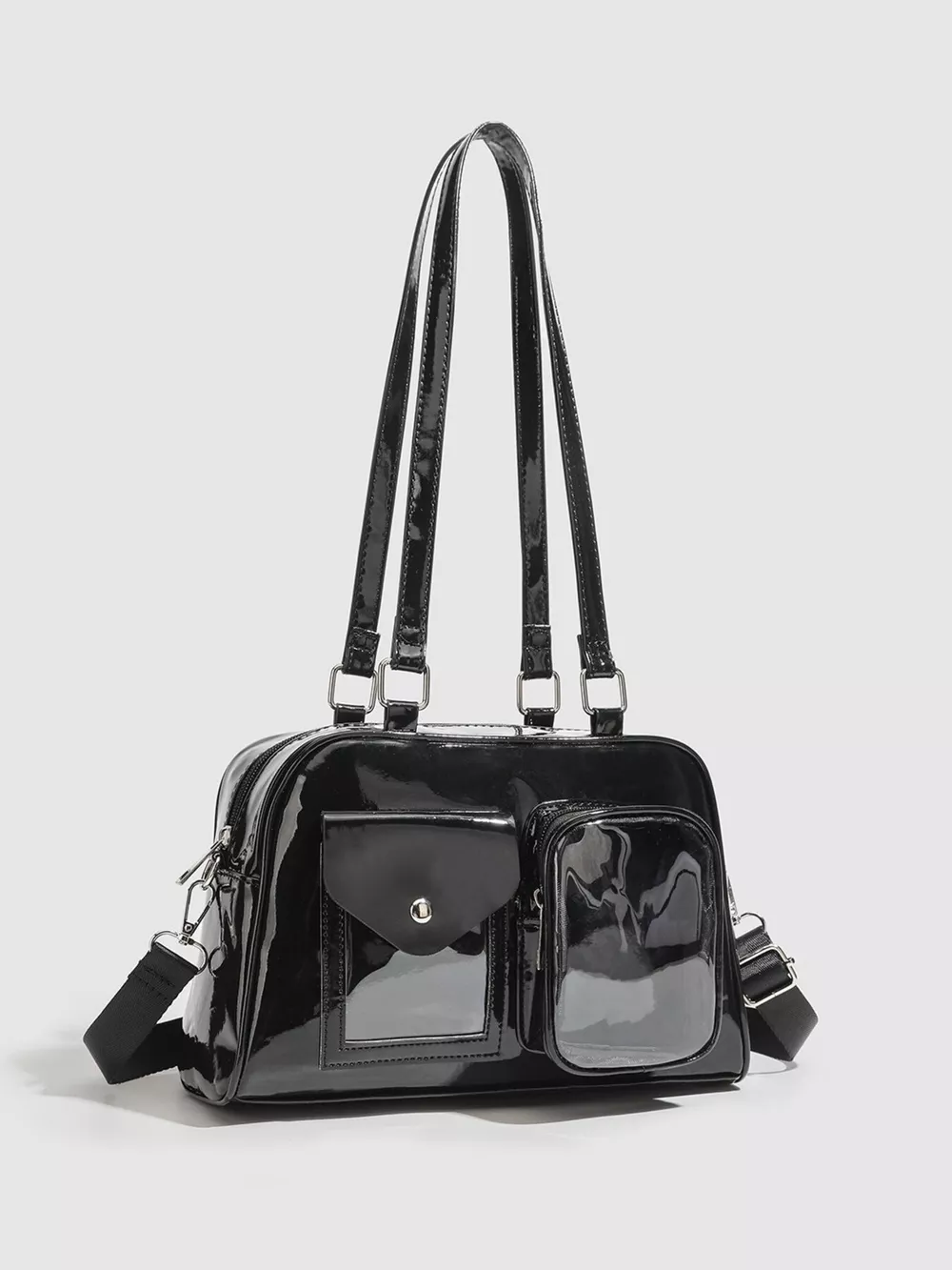 Glossy Patent Leather Multi-Pocket Shoulder Bag, image 2