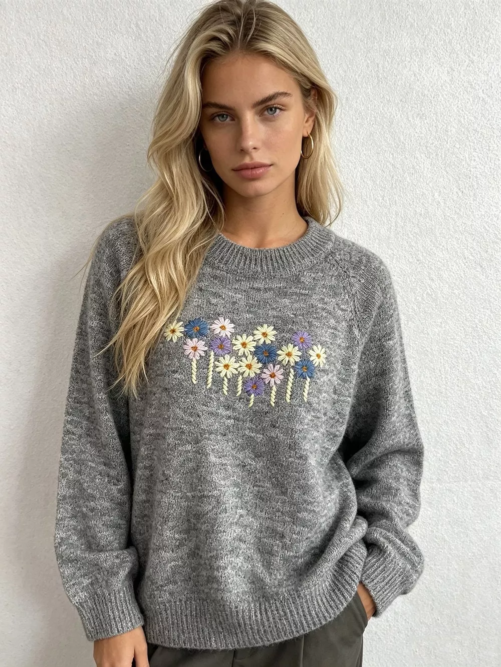 Floral Embroidered Round Neck Sweater, image 17