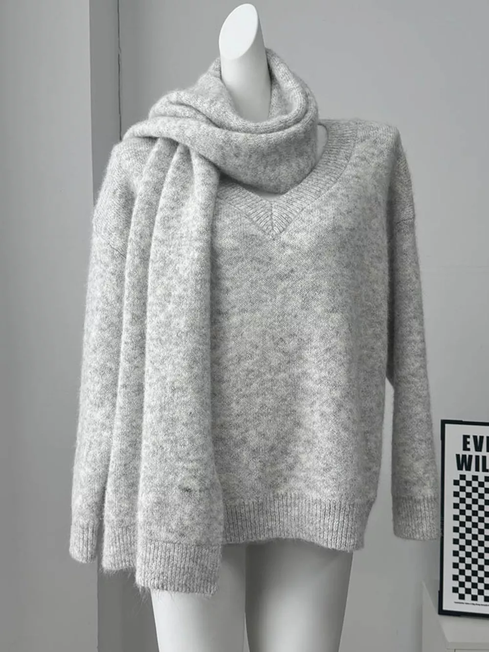 Oversized V-Neck Dropped Shoulder Sweater with Scarf, image 3