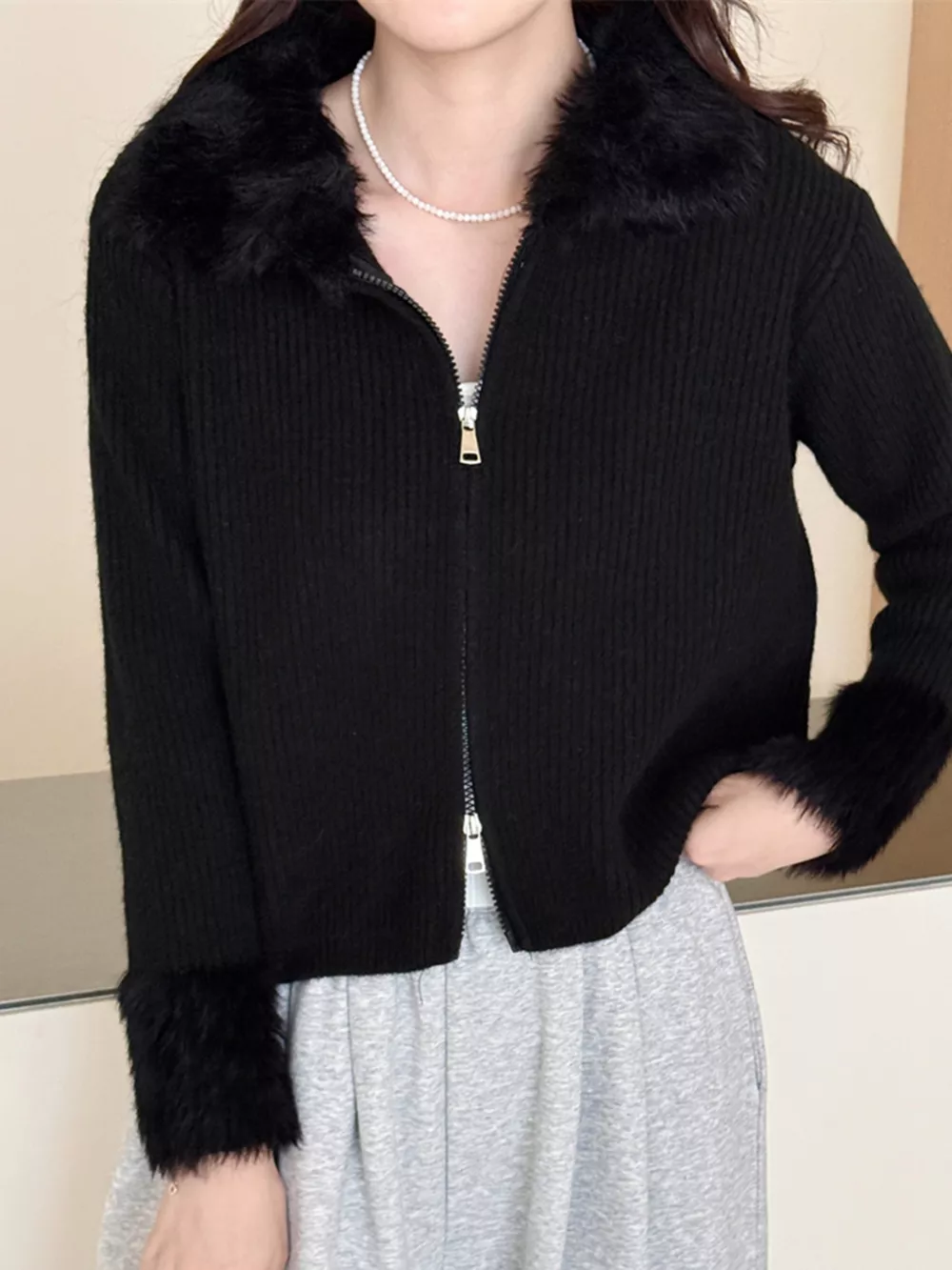 Fluffy Trim Zip-Up Cardigan, image 5