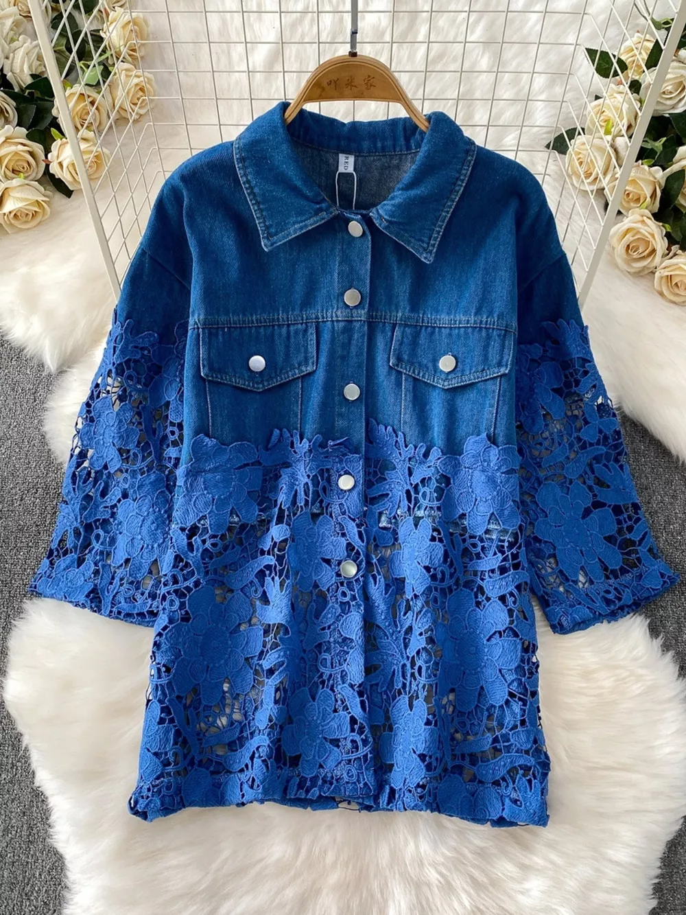 Lace Patchwork Shacket and Pants Set, image 6