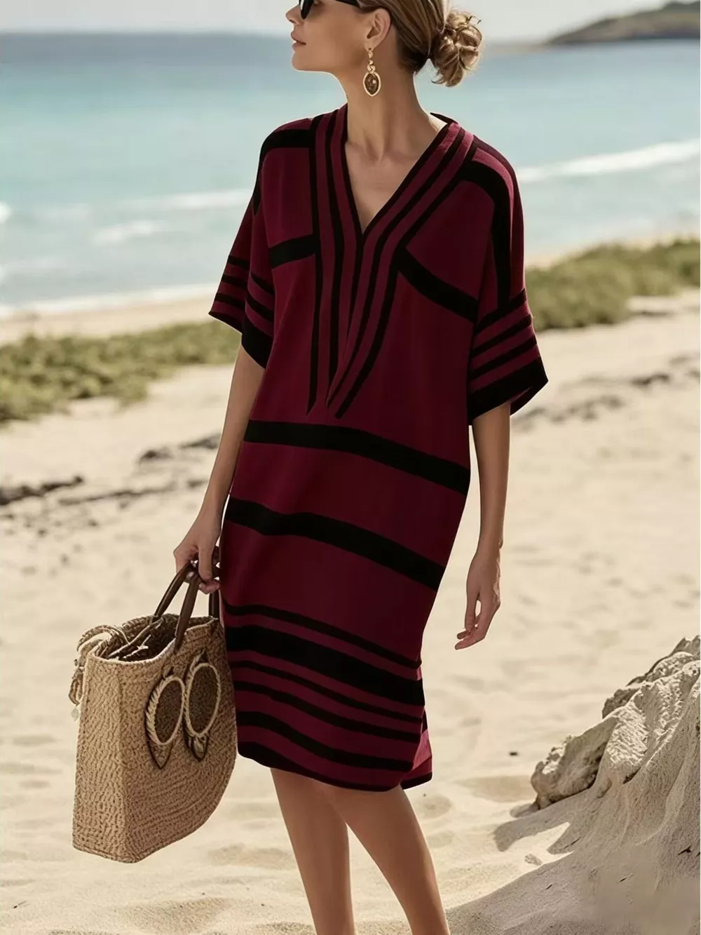 Full Size Striped Half Sleeve Midi Dress Plus Size, image 25